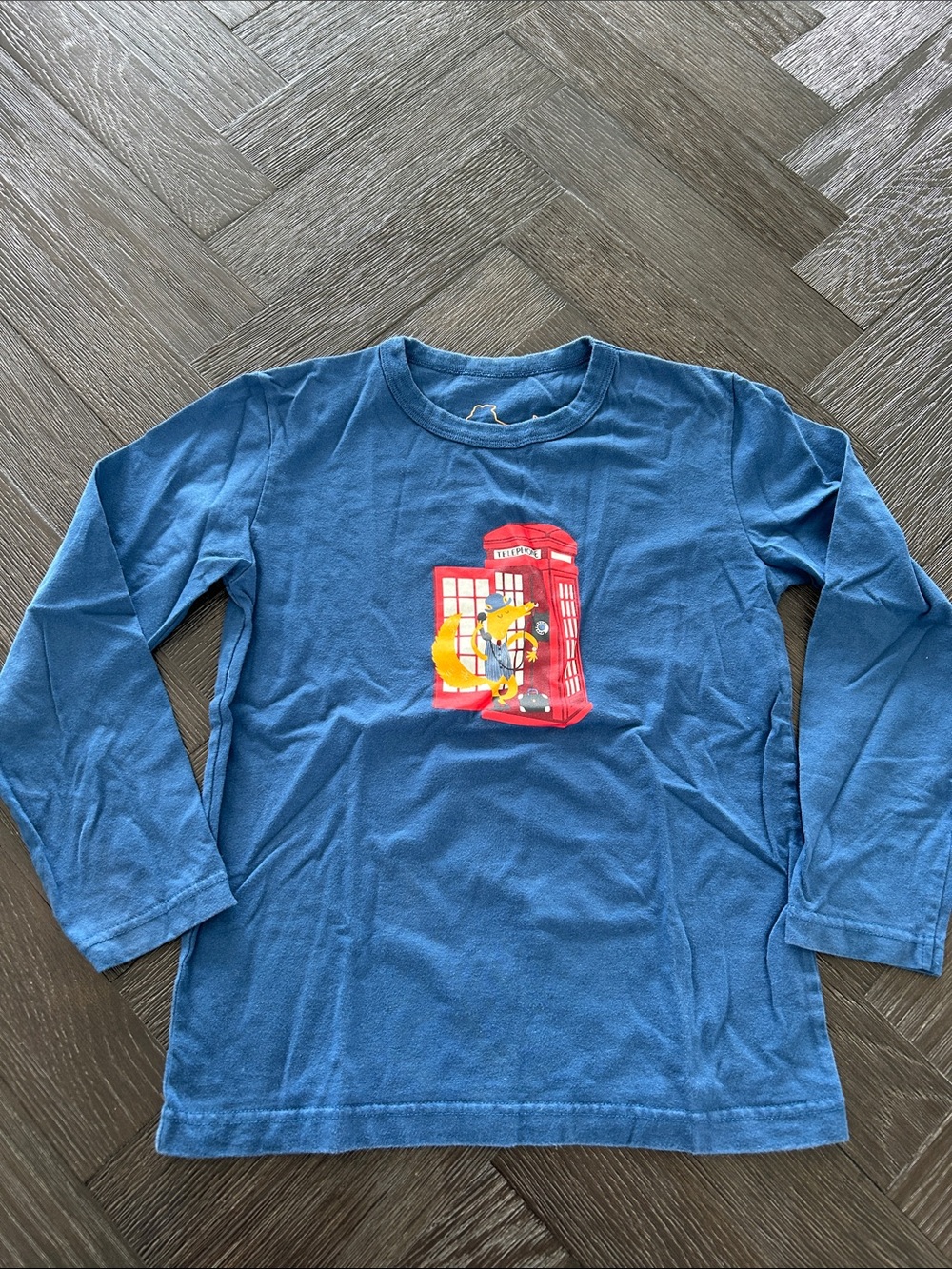 Mini Boden Kids' Blue Long-Sleeve Graphic Tee with Red Phone Booth Print